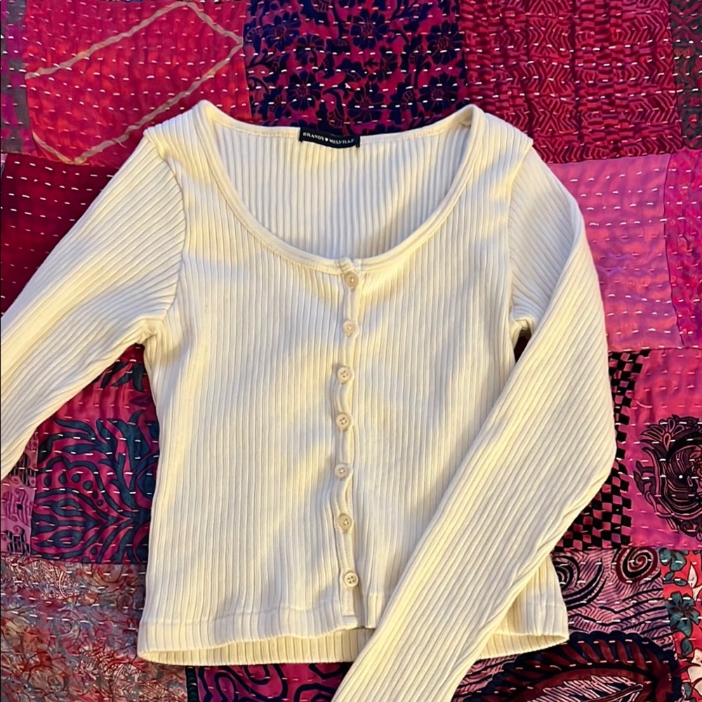 Brandy Melville Cream Ribbed Button-Up Top